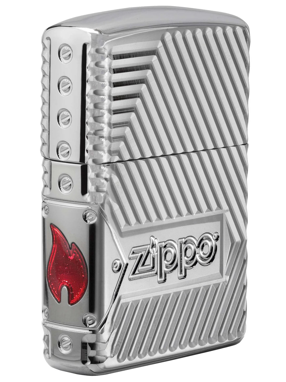 Zippo Lighter: Armor Multicut Bolts and Flame - High Polish Chrome - Wasatch Flameworks