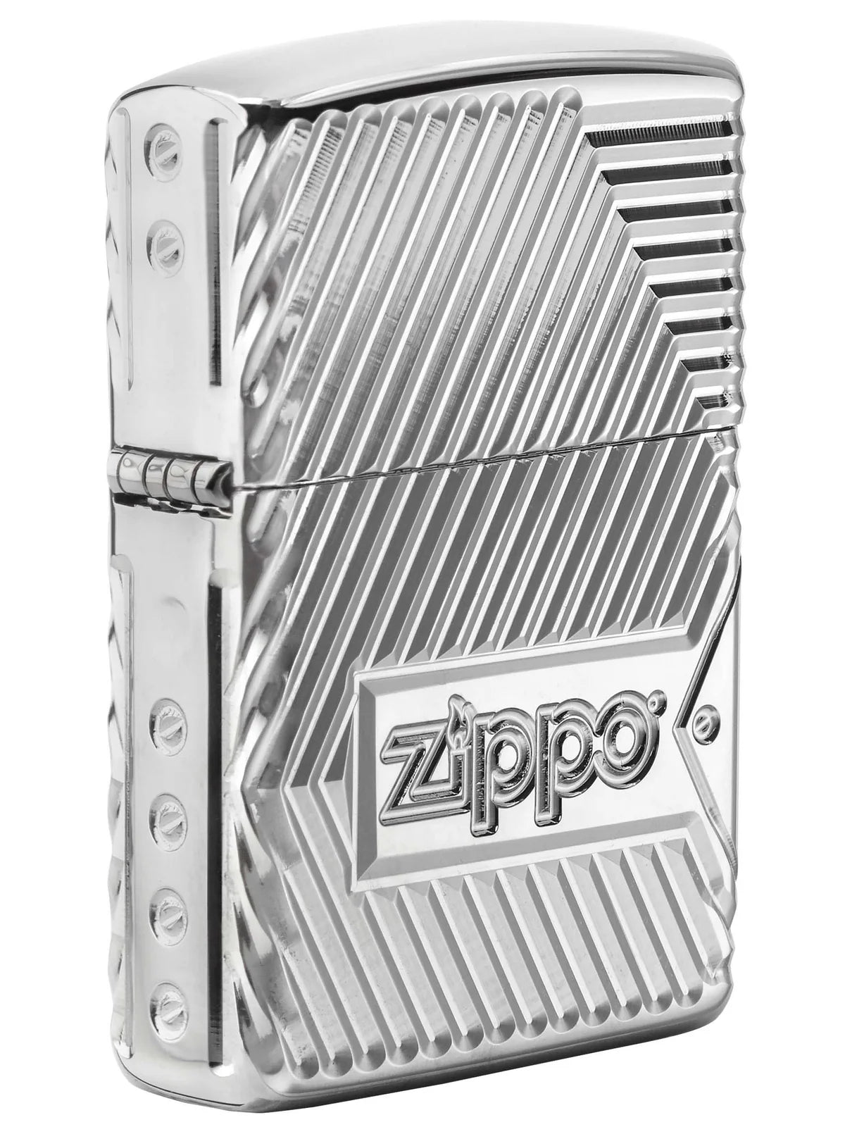 Zippo Lighter: Armor Multicut Bolts and Flame - High Polish Chrome - Wasatch Flameworks