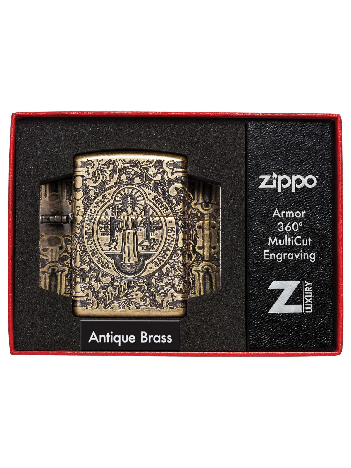 Zippo Lighter: Armor Multicut St. Benedict Medal - Antique Brass - Wasatch Flameworks