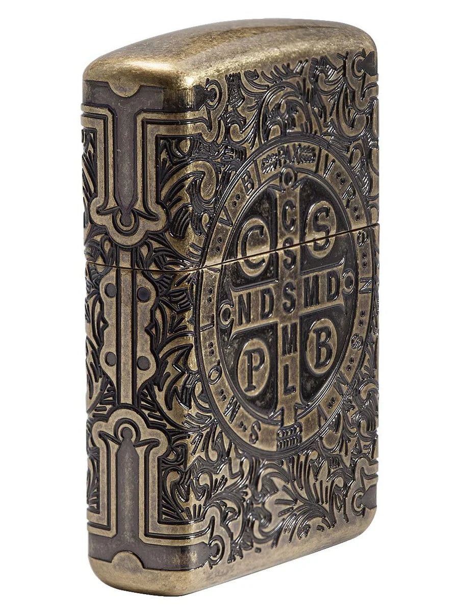 Zippo Lighter: Armor Multicut St. Benedict Medal - Antique Brass - Wasatch Flameworks