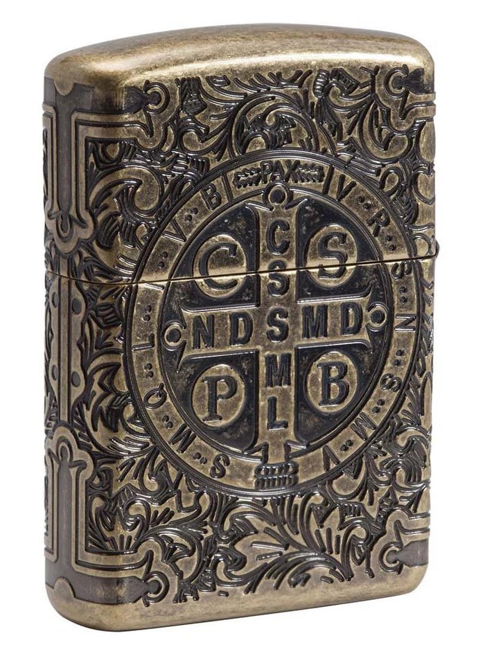 Zippo Lighter: Armor Multicut St. Benedict Medal - Antique Brass - Wasatch Flameworks