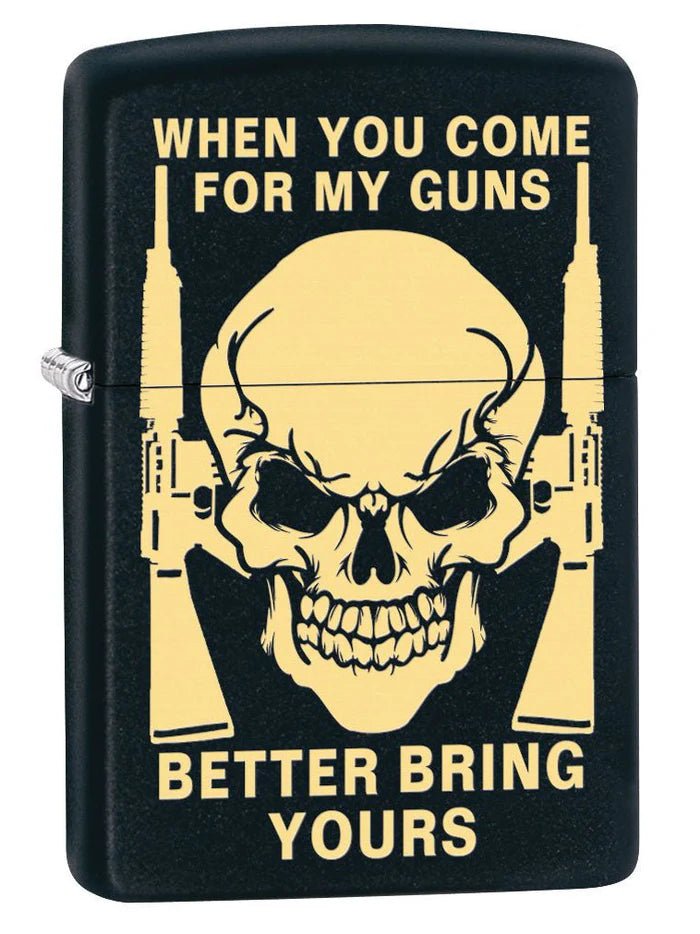 Zippo Lighter: Skull, Bring Your Guns Engraved - Black Matte - Wasatch Flameworks