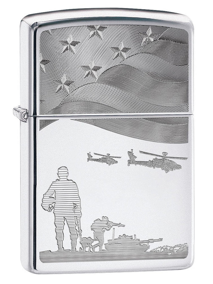 Zippo Lighter: Soldiers and American Flag, Engraved - High Polish Chrome - Wasatch Flameworks