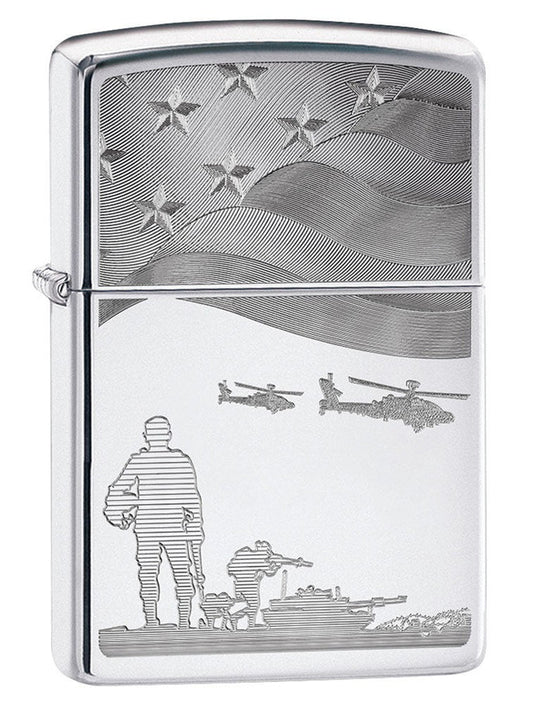 Zippo Lighter: Soldiers and American Flag, Engraved - High Polish Chrome - Wasatch Flameworks
