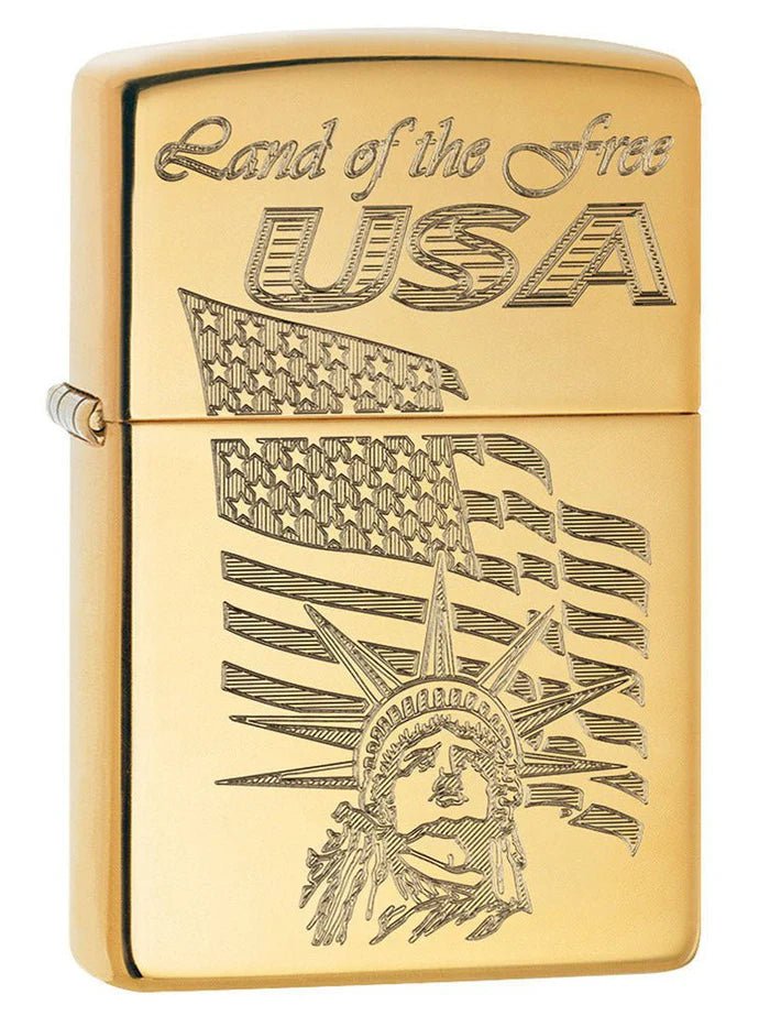 Zippo Lighter: USA Land of the Free, Engraved - High Polish Brass - Wasatch Flameworks