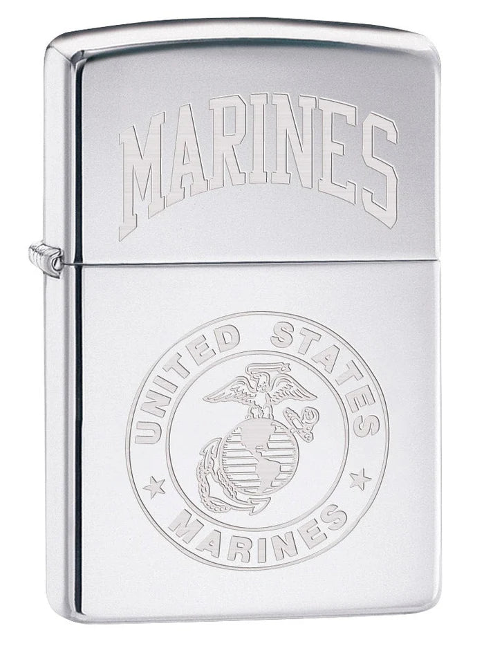 Zippo Lighter: USMC Marines Logo Engraved - High Polish Chrome - Wasatch Flameworks