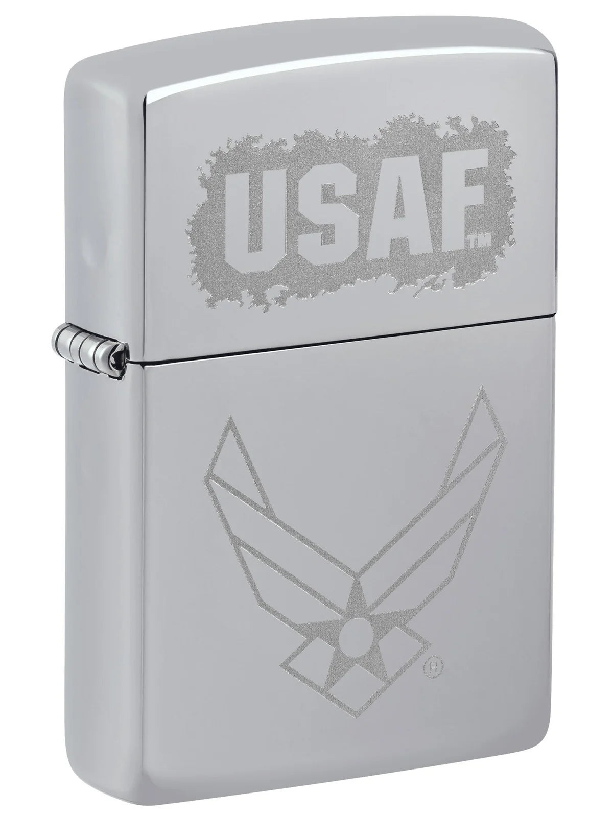 Zippo Lighter: USAF Air Force Engraved Logo - High Polish Chrome - Wasatch Flameworks