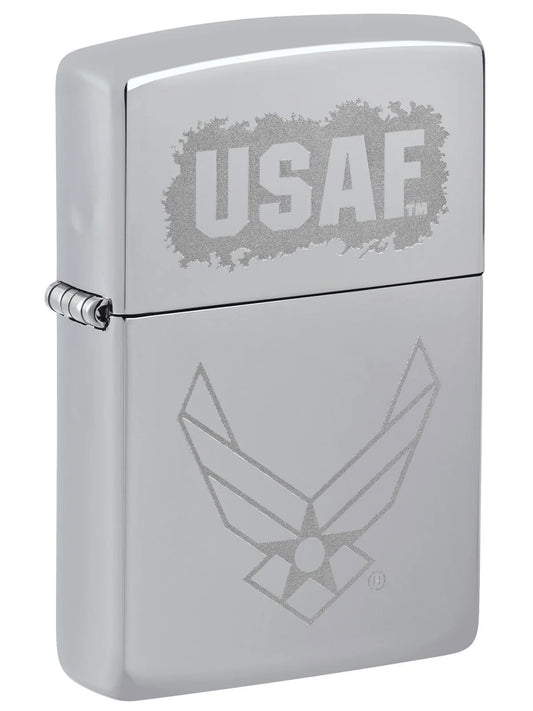 Zippo Lighter: USAF Air Force Engraved Logo - High Polish Chrome - Wasatch Flameworks