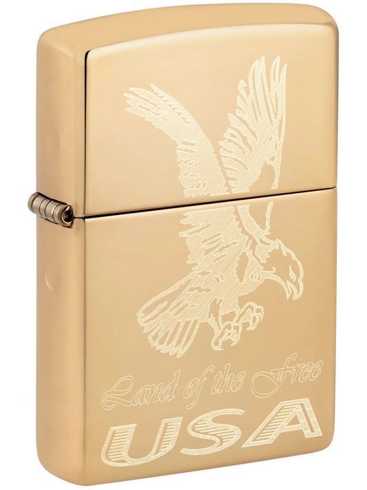 Zippo Lighter: American Eagle, Land of the Free USA, Engraved - High Polish Brass - Wasatch Flameworks