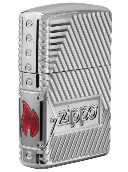 Zippo Lighter: Armor Multicut Bolts and Flame - High Polish Chrome - Wasatch Flameworks