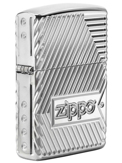 Zippo Lighter: Armor Multicut Bolts and Flame - High Polish Chrome - Wasatch Flameworks