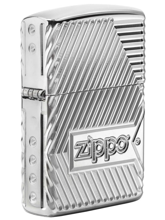 Zippo Lighter: Armor Multicut Bolts and Flame - High Polish Chrome - Wasatch Flameworks
