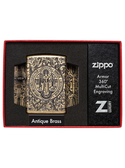 Zippo Lighter: Armor Multicut St. Benedict Medal - Antique Brass - Wasatch Flameworks