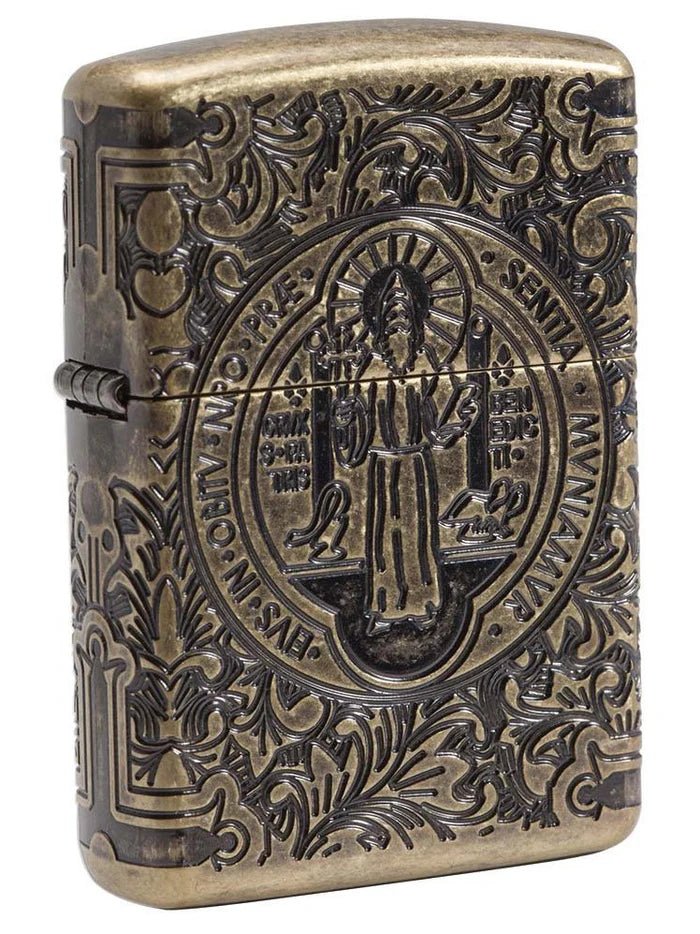 Zippo Lighter: Armor Multicut St. Benedict Medal - Antique Brass - Wasatch Flameworks