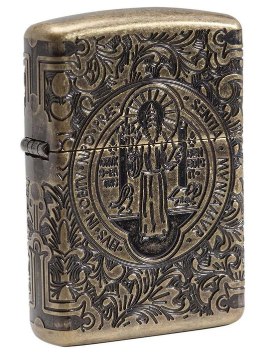 Zippo Lighter: Armor Multicut St. Benedict Medal - Antique Brass - Wasatch Flameworks