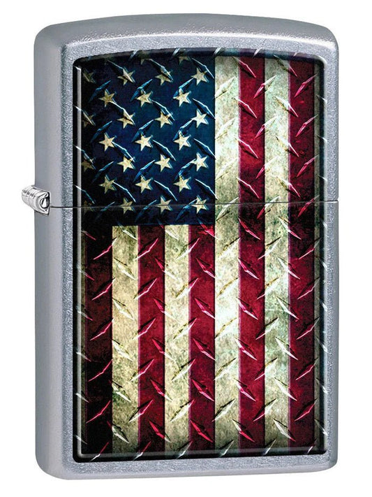 Zippo Lighter: Industrial United States Flag - Street Chrome - Wasatch Flameworks
