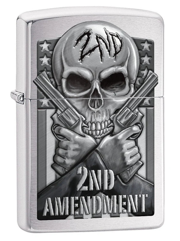 Zippo Lighter: Second Amendment, Skull and Guns - Brushed Chrome - Wasatch Flameworks