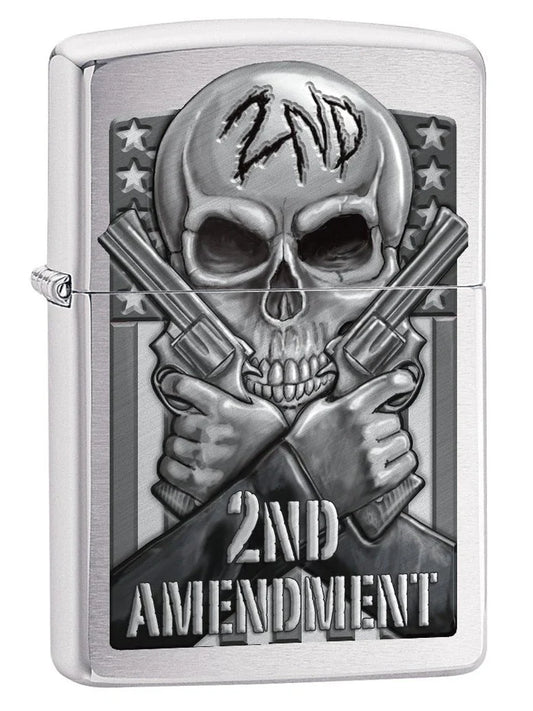 Zippo Lighter: Second Amendment, Skull and Guns - Brushed Chrome - Wasatch Flameworks