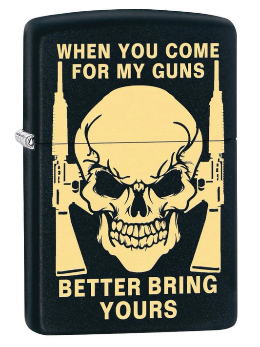 Zippo Lighter: Skull, Bring Your Guns Engraved - Black Matte - Wasatch Flameworks