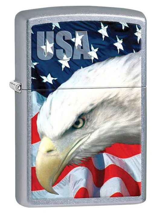 Zippo Lighter: USA Bald Eagle and Flag - Street Chrome - Wasatch Flameworks