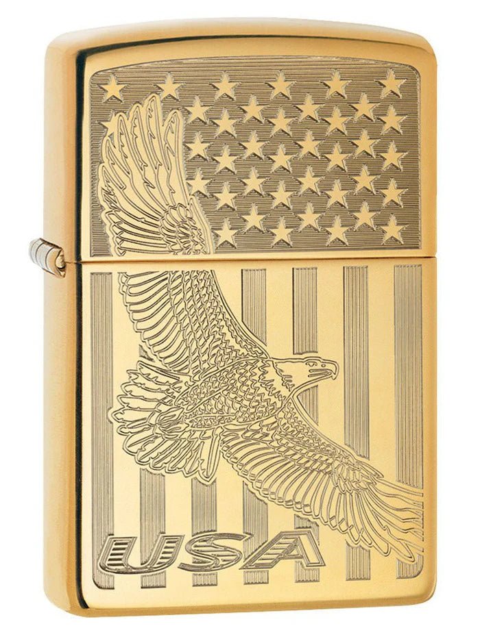 Zippo Lighter: USA Flying Eagle and Flag, Engraved - High Polish Brass - Wasatch Flameworks