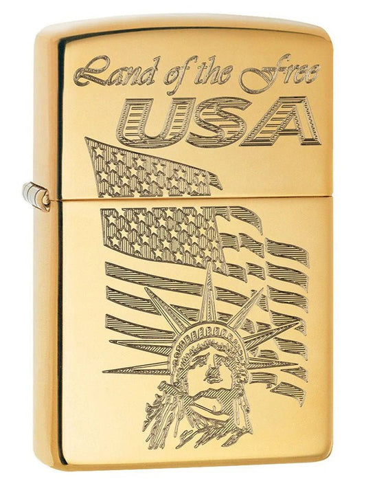 Zippo Lighter: USA Land of the Free, Engraved - High Polish Brass - Wasatch Flameworks