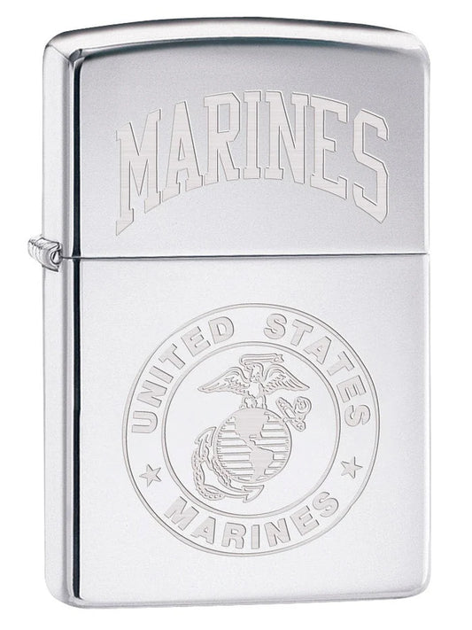 Zippo Lighter: USMC Marines Logo Engraved - High Polish Chrome - Wasatch Flameworks
