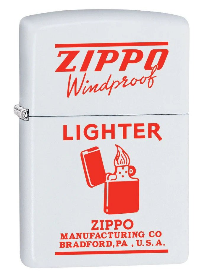 Zippo Lighter: Vintage Ad, Zippo Windproof in Red - White Matte - Wasatch Flameworks
