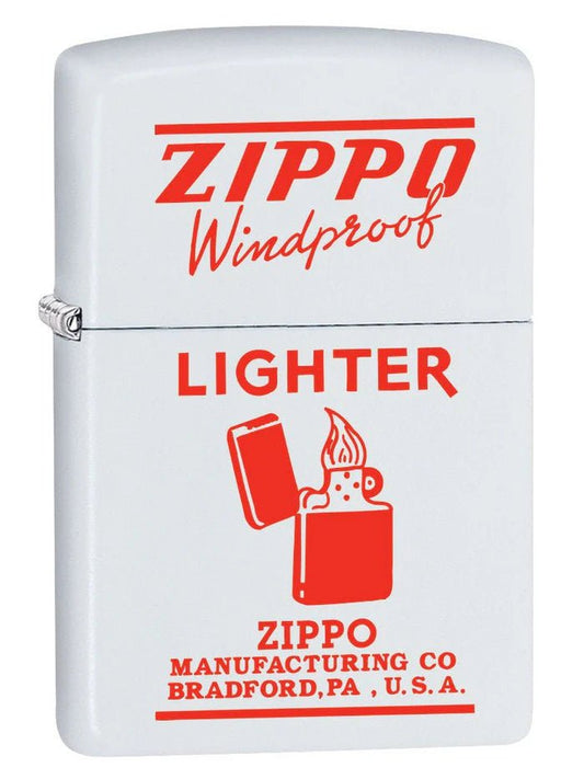 Zippo Lighter: Vintage Ad, Zippo Windproof in Red - White Matte - Wasatch Flameworks