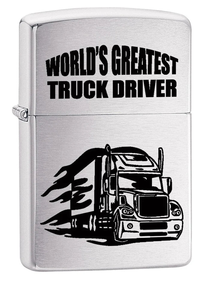 Zippo Lighter: World's Greatest Truck Driver - Brushed Chrome - Wasatch Flameworks