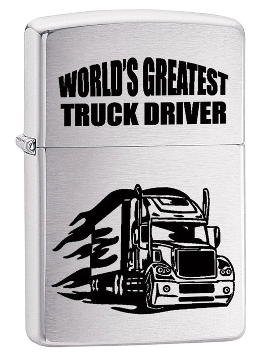 Zippo Lighter: World's Greatest Truck Driver - Brushed Chrome - Wasatch Flameworks